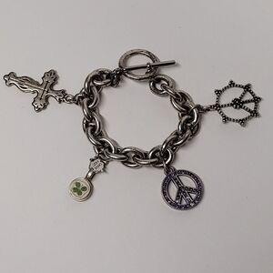 Lucky Brand Boho Charm Bracelet with Peace Sign and Cross